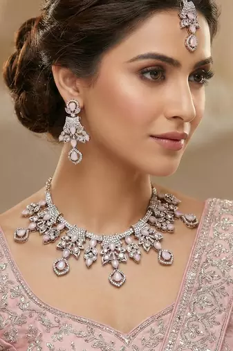 Pink yellow gold premium designer american diamond and stone work necklace set