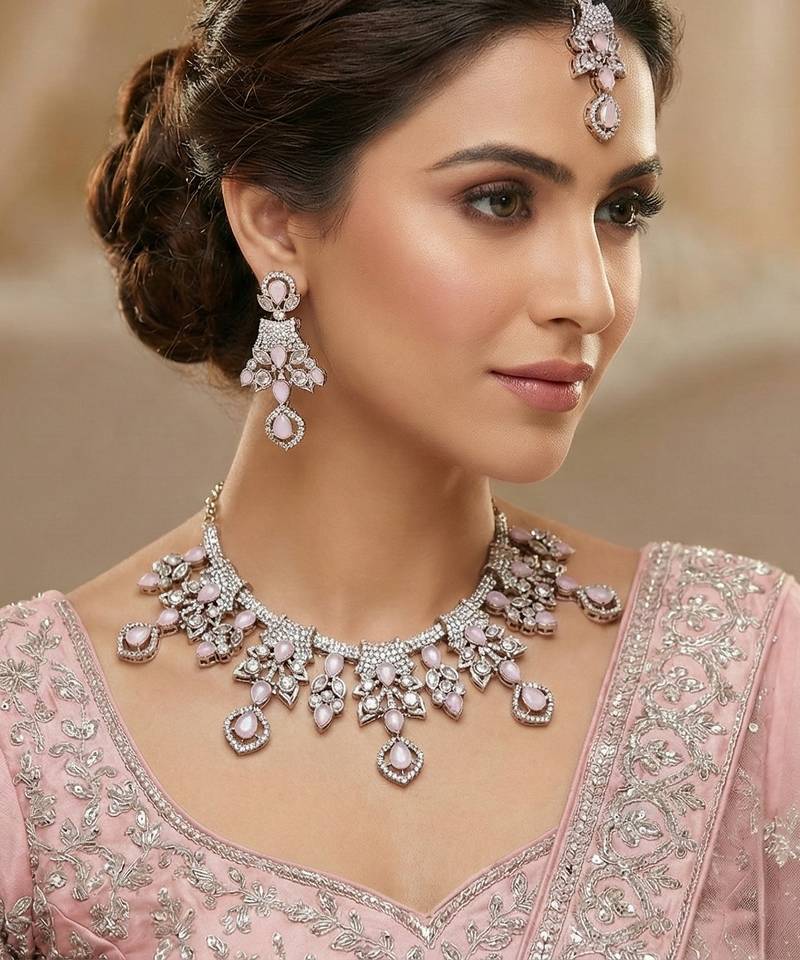 Pink yellow gold premium designer american diamond and stone work necklace set