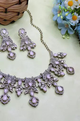 Pink yellow gold premium designer american diamond and stone work necklace set