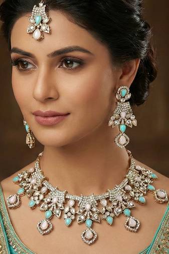 Green yellow gold premium designer american diamond and stone work necklace set