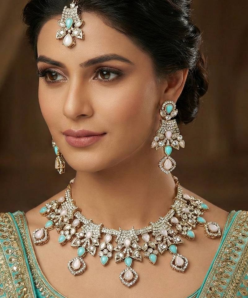 Green yellow gold premium designer american diamond and stone work necklace set
