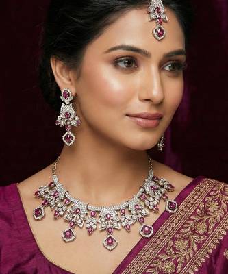 Purple yellow gold premium designer american diamond and stone work necklace set 1