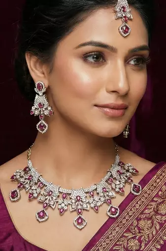 Purple yellow gold premium designer american diamond and stone work necklace set