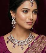 Purple yellow gold premium designer american diamond and stone work necklace set