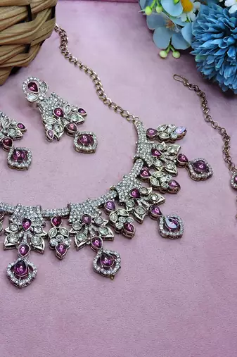 Purple yellow gold premium designer american diamond and stone work necklace set