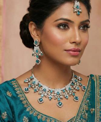 Blue yellow gold premium designer american diamond and stone work necklace set 1