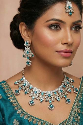 Blue yellow gold premium designer american diamond and stone work necklace set