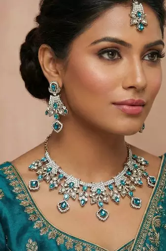 Blue yellow gold premium designer american diamond and stone work necklace set