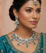 Blue yellow gold premium designer american diamond and stone work necklace set