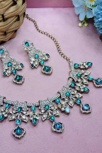 Blue yellow gold premium designer american diamond and stone work necklace set