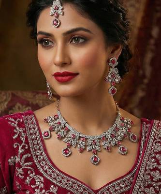 Pink yellow gold premium designer american diamond and stone work necklace set 1