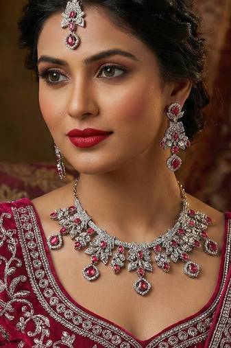 Pink yellow gold premium designer american diamond and stone work necklace set