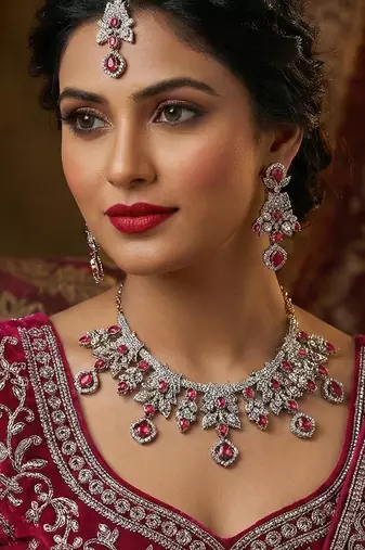 Pink yellow gold premium designer american diamond and stone work necklace set