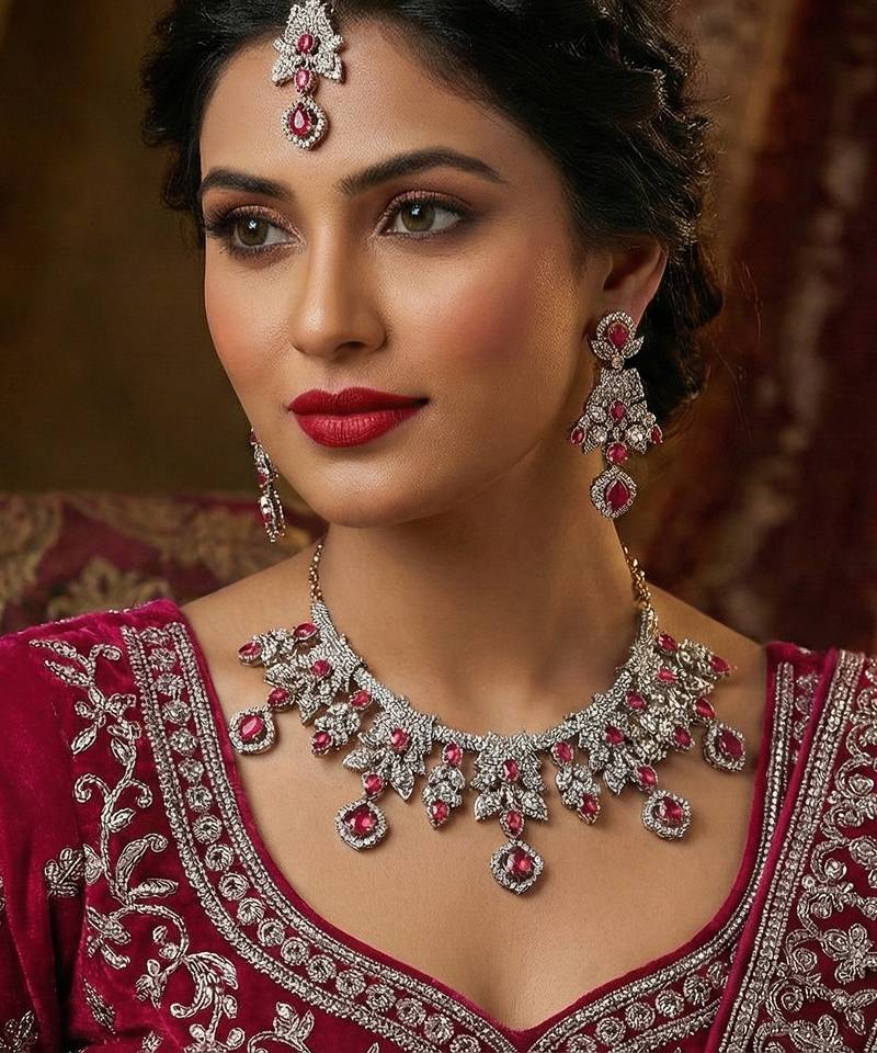 Pink yellow gold premium designer american diamond and stone work necklace set