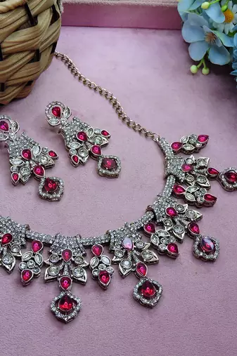Pink yellow gold premium designer american diamond and stone work necklace set