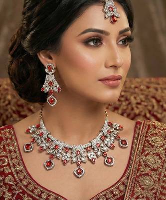 Red yellow gold premium designer american diamond and stone work necklace set 1