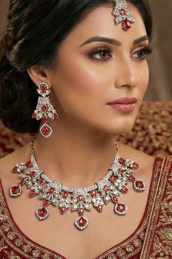 Red yellow gold premium designer american diamond and stone work necklace set