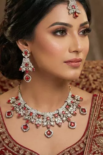 Red yellow gold premium designer american diamond and stone work necklace set