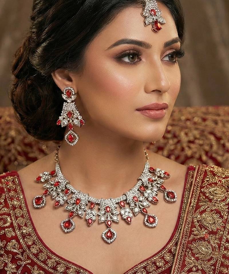 Red yellow gold premium designer american diamond and stone work necklace set
