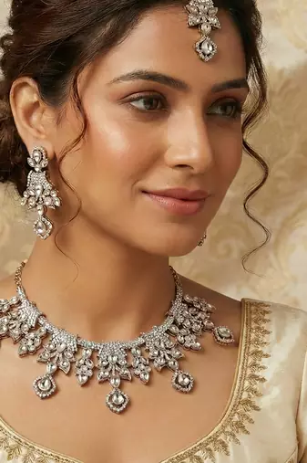 White yellow gold premium designer american diamond and stone work necklace set