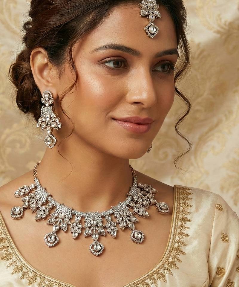 White yellow gold premium designer american diamond and stone work necklace set