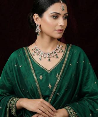 Green rose gold premium designer american diamond and stone work necklace set 1