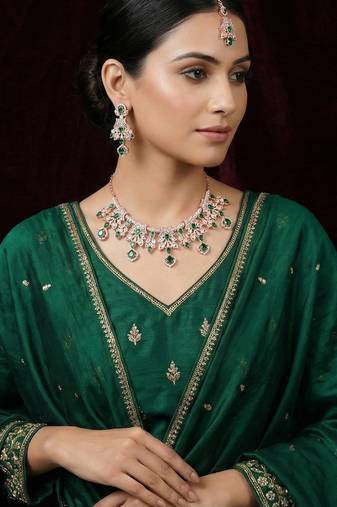 Green rose gold premium designer american diamond and stone work necklace set