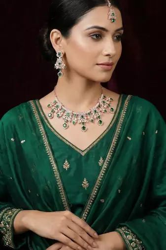 Green rose gold premium designer american diamond and stone work necklace set