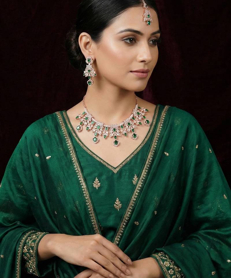 Green rose gold premium designer american diamond and stone work necklace set