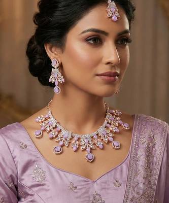 Purple rose gold premium designer american diamond and stone work necklace set 1