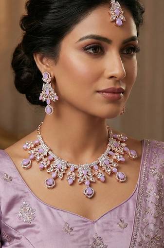 Purple rose gold premium designer american diamond and stone work necklace set