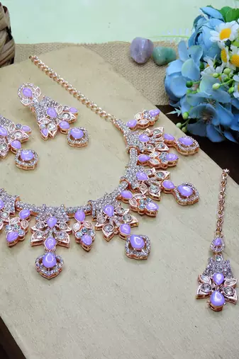 Purple rose gold premium designer american diamond and stone work necklace set