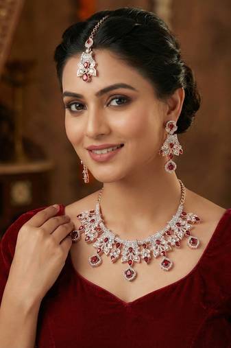 Maroon rose gold premium designer american diamond and stone work necklace set