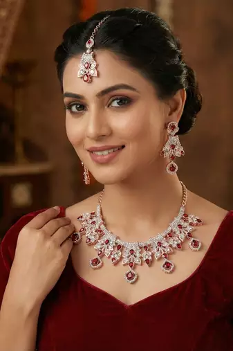 Maroon rose gold premium designer american diamond and stone work necklace set