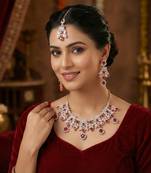 Maroon rose gold premium designer american diamond and stone work necklace set