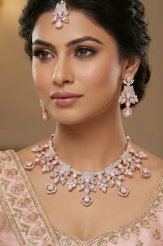 Pink rose gold premium designer american diamond and stone work necklace set