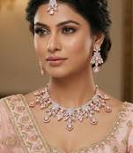 Pink rose gold premium designer american diamond and stone work necklace set