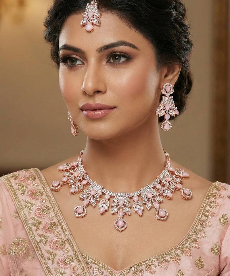Pink rose gold premium designer american diamond and stone work necklace set