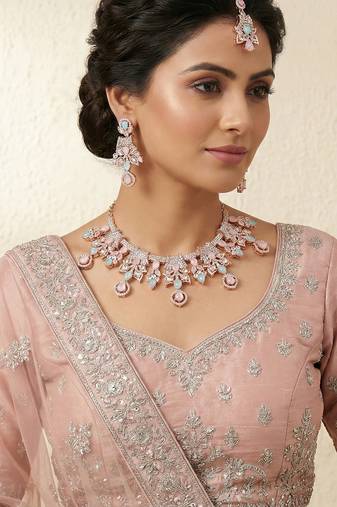Green rose gold premium designer american diamond and stone work necklace set