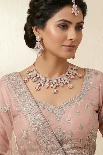 Green rose gold premium designer american diamond and stone work necklace set