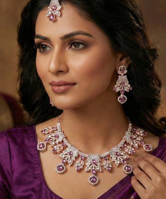 Purple rose gold premium designer american diamond and stone work necklace set 1