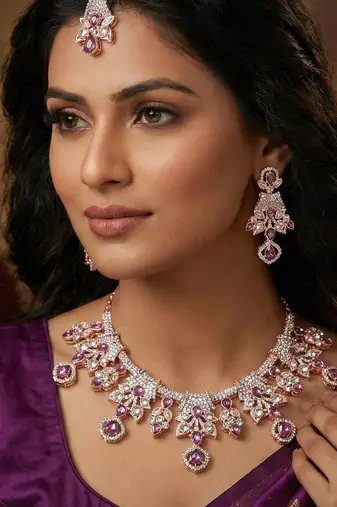 Purple rose gold premium designer american diamond and stone work necklace set