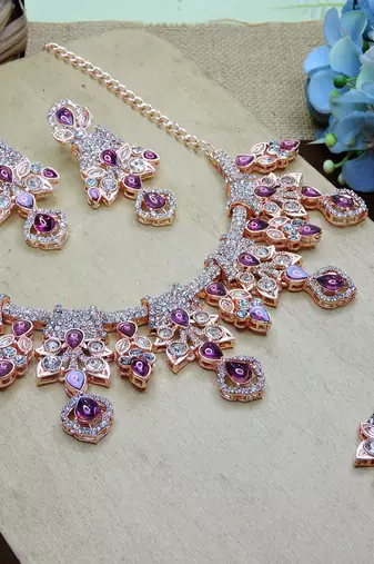Purple rose gold premium designer american diamond and stone work necklace set