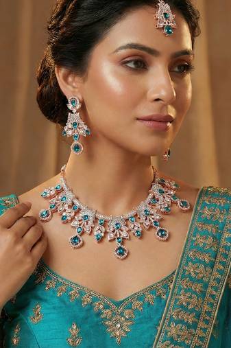 Blue rose gold premium designer american diamond and stone work necklace set
