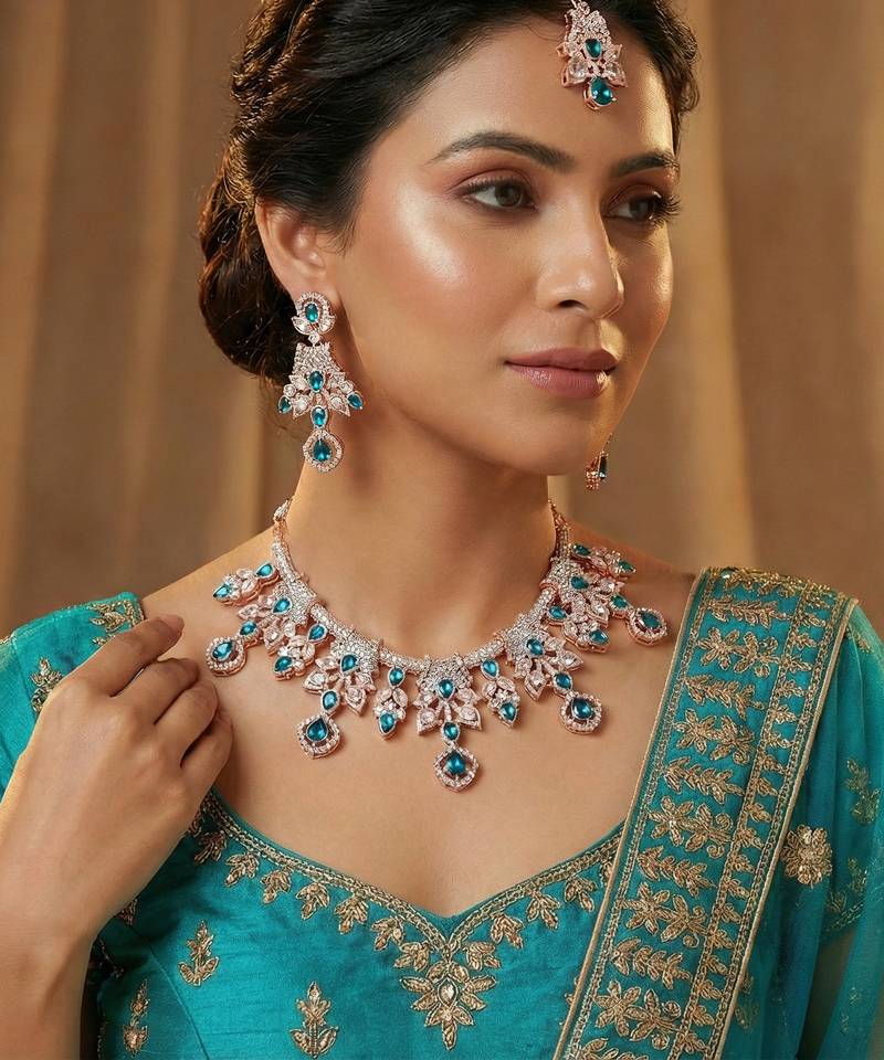 Blue rose gold premium designer american diamond and stone work necklace set
