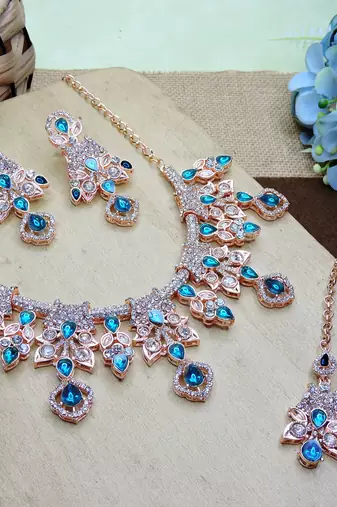 Blue rose gold premium designer american diamond and stone work necklace set