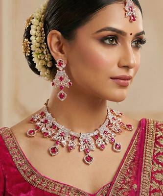 Pink rose gold premium designer american diamond and stone work necklace set 1
