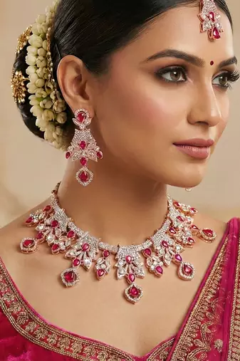 Pink rose gold premium designer american diamond and stone work necklace set