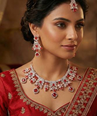 Red rose gold premium designer american diamond and stone work necklace set 1