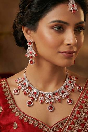 Red rose gold premium designer american diamond and stone work necklace set